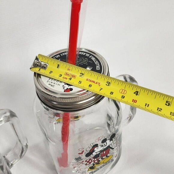 2 Disney Collectible 21 oz Glass Mason Jar Minnie & Mickey ❤️Forever w Straw Lid - Picture 3 of 10
